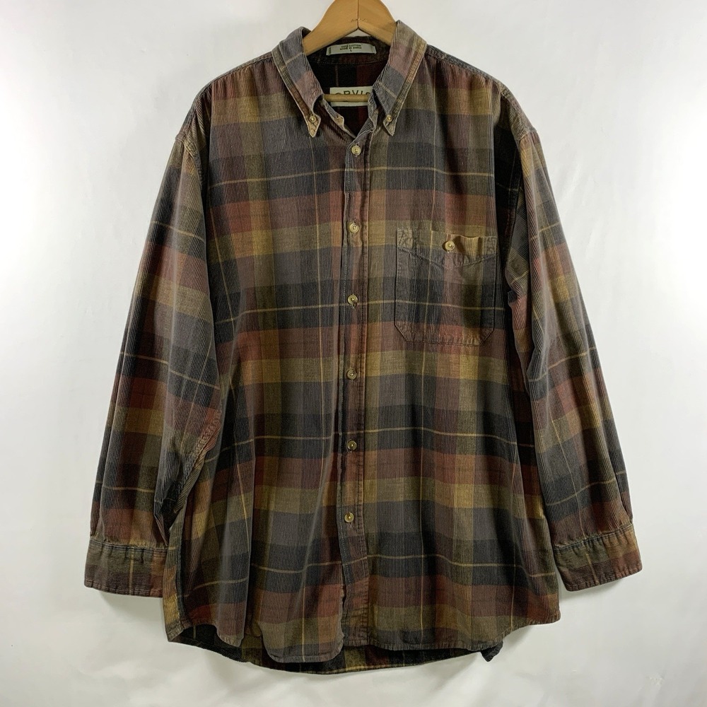 Orvis Mens Earthy Corduroy Plaid Button Shirt Size Large Cotton Outdoors Preppy